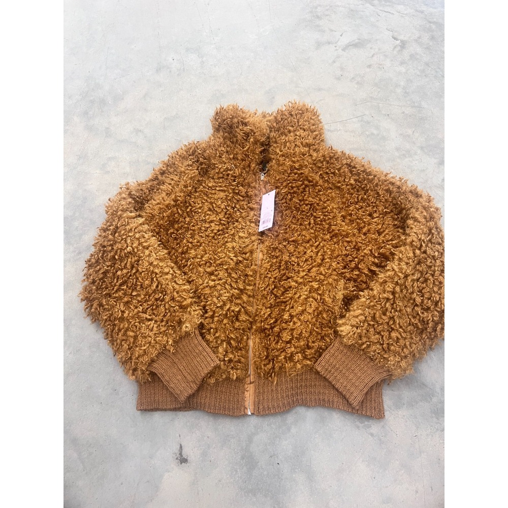 Wild Fable Bomber Jacket Womens Large Brown Full Zip Faux Fur Fuzzy‎ Crop NWT